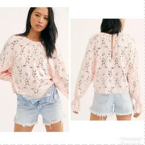 Free People Olivia Lace Long Sleeve Small Pink Boho Flowy Bell Sleeves Dainty